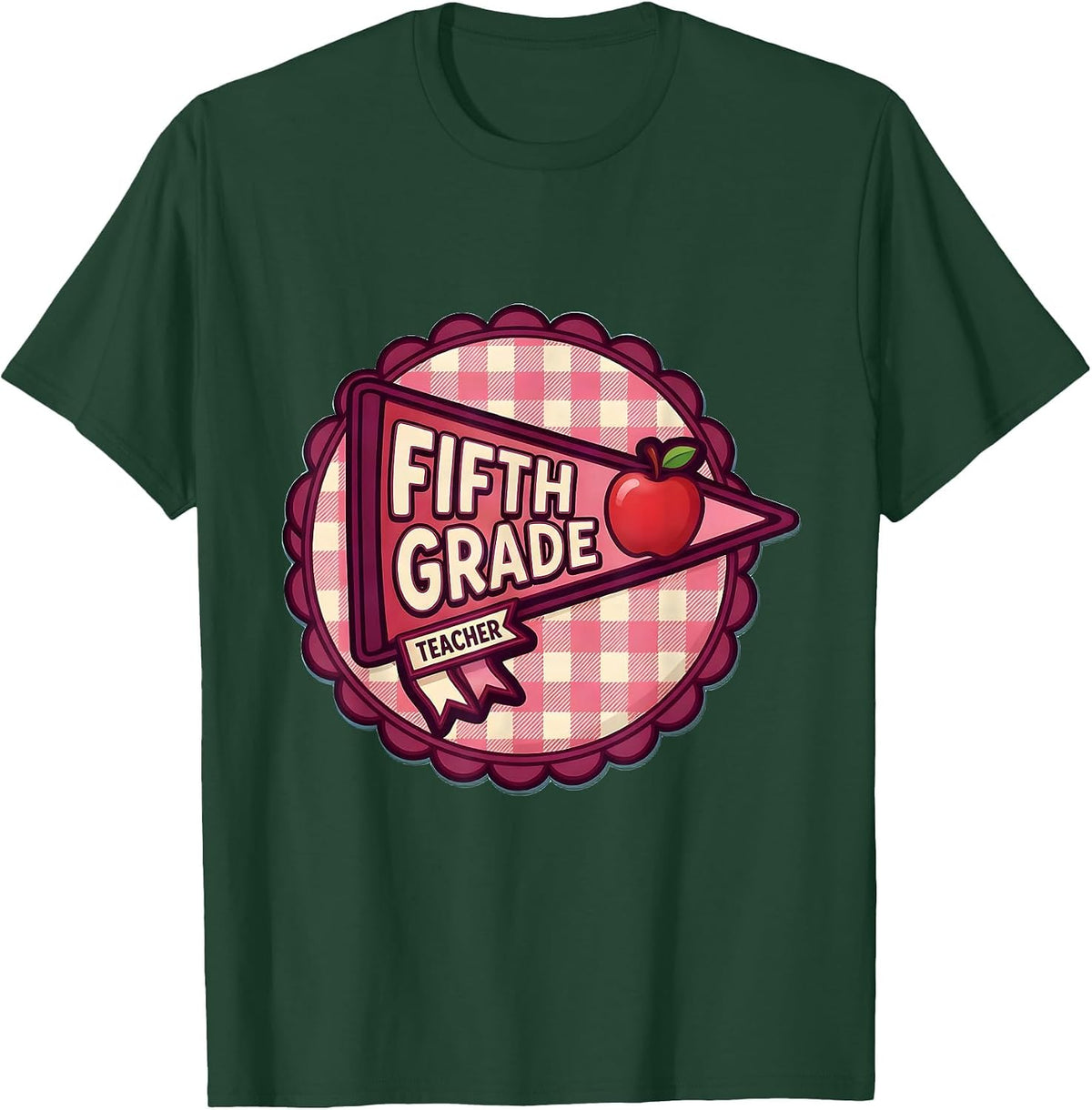 Fifth Grade Teacher Gingham Pennant Flag Back to School T-Shirt - Dark Green