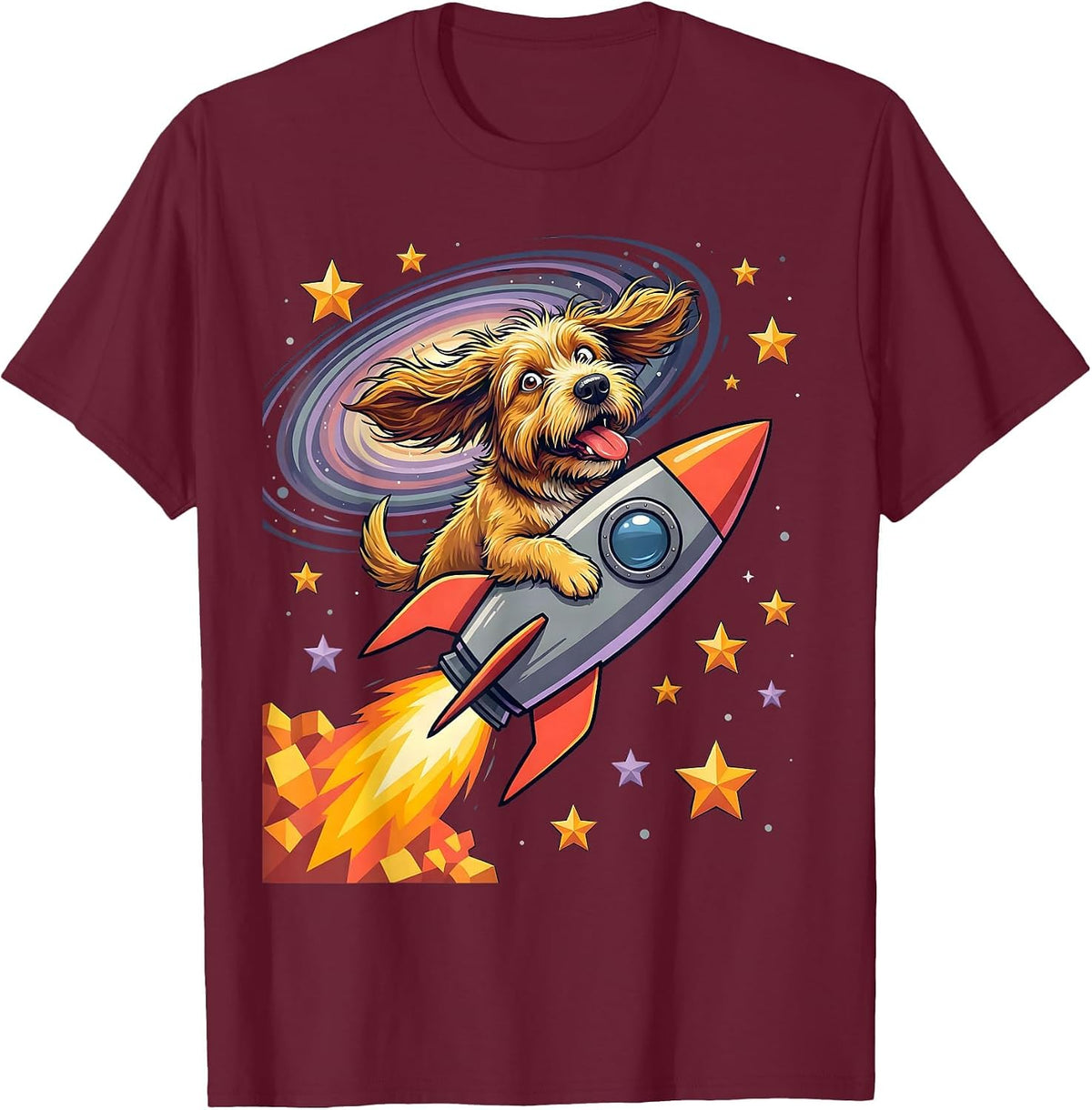 Men's Crazy Dog Riding Rocket Through Outer Space T-Shirt - Burgundy