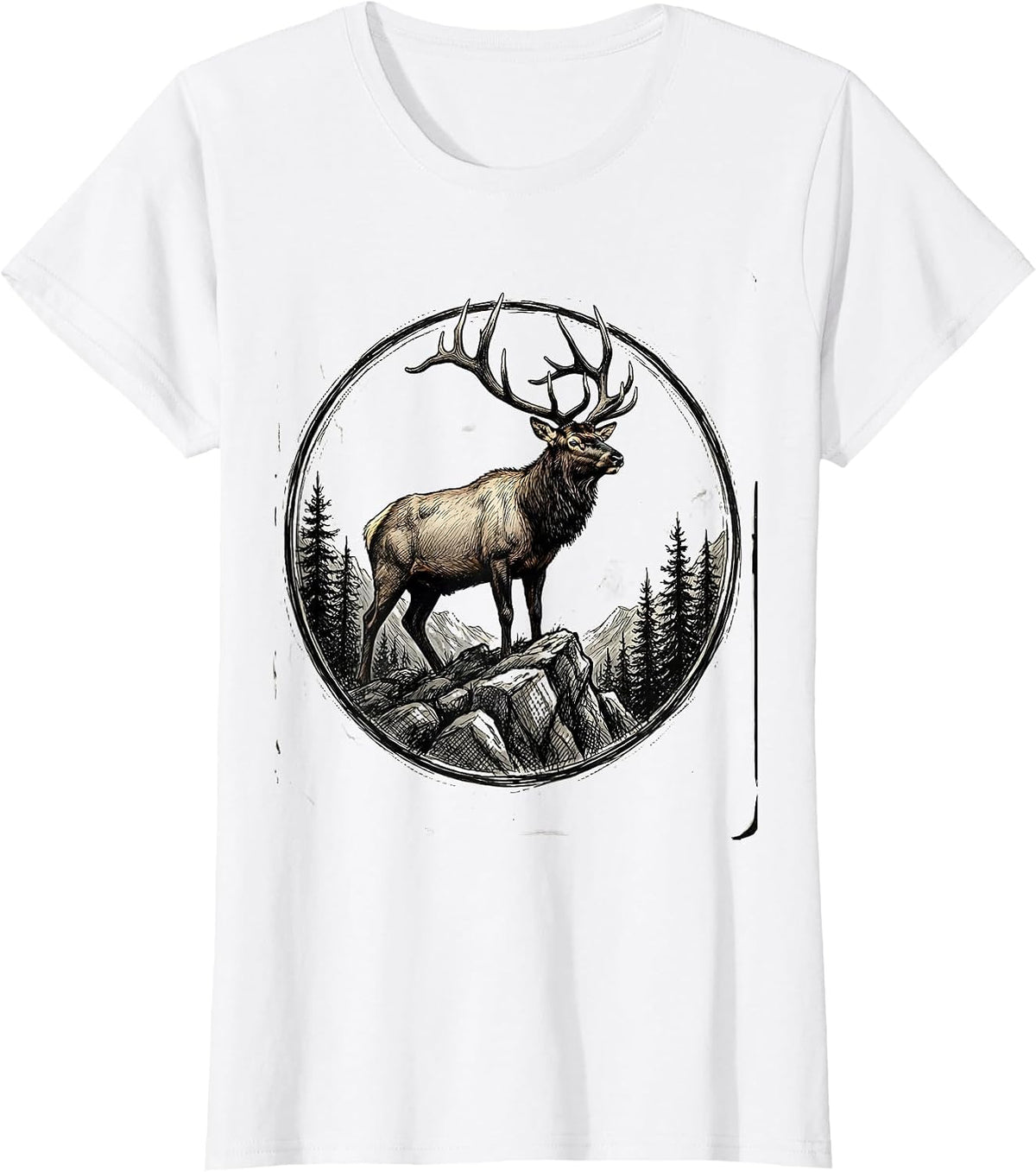 Bull Elk on Rocky Mountain Ridge Illustration T-Shirt - White