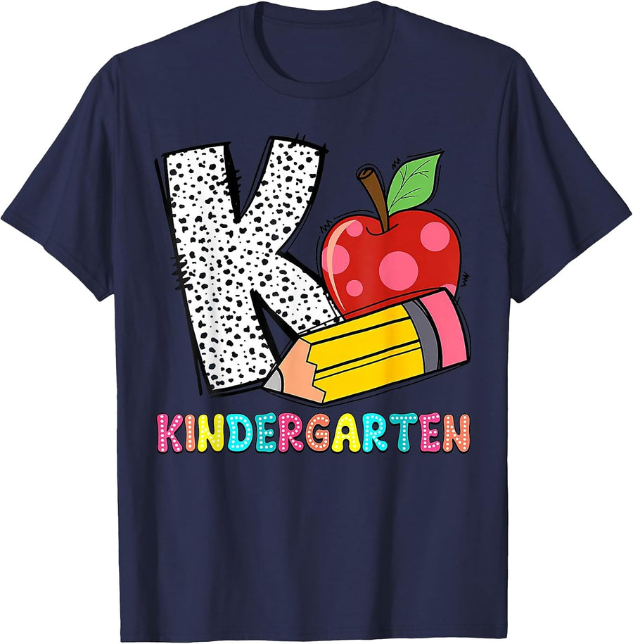 K is for Kindergarten Teacher Pencil Apple Back to School T-Shirt - Navy Blue