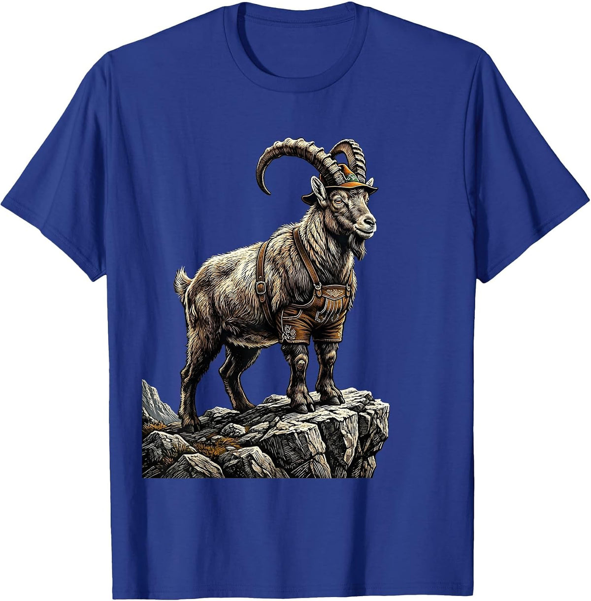 Mountain Goat in Lederhosen Bavarian Graphic T-Shirt - Royal Blue