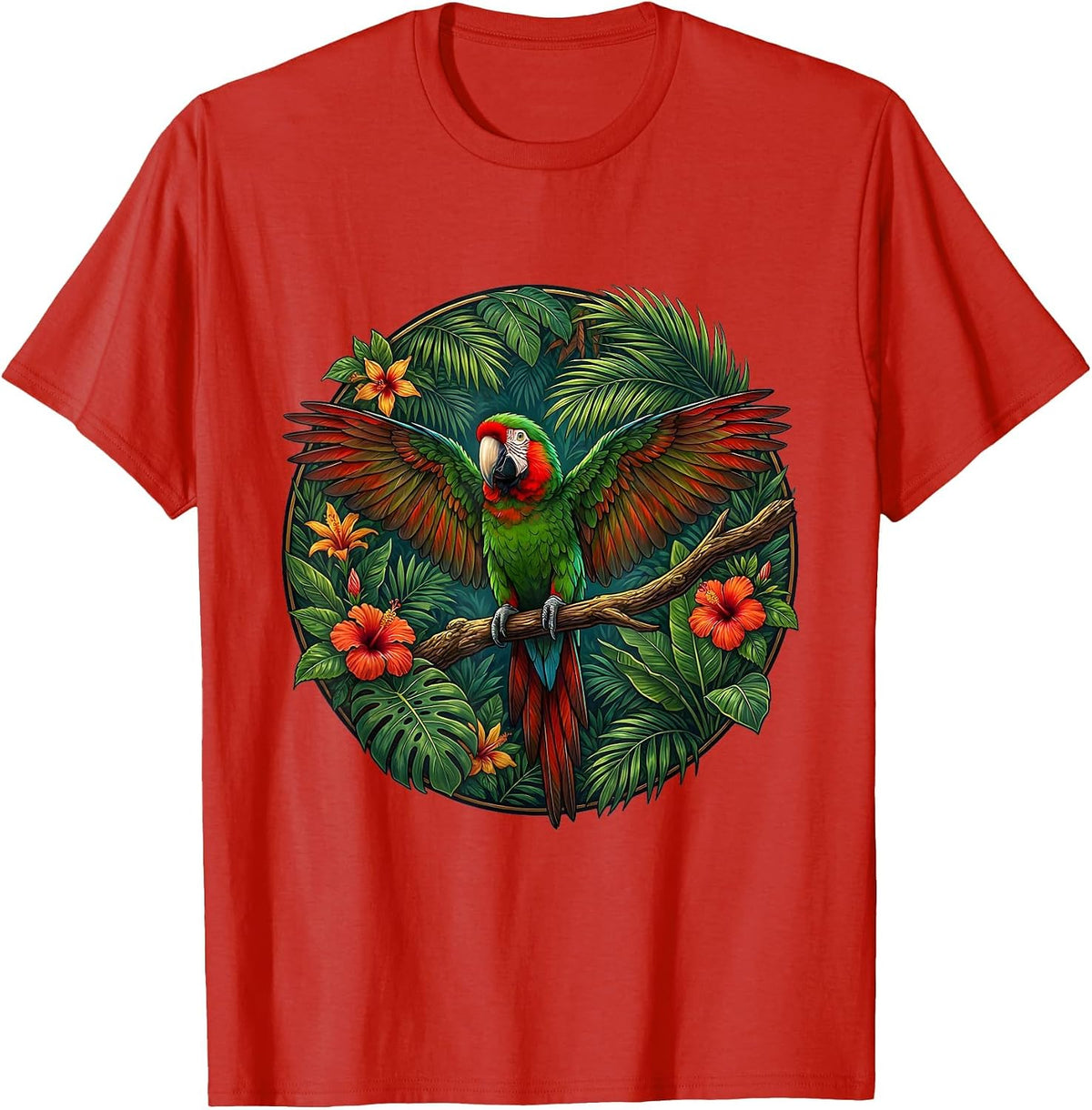 Men's Puerto Rican Parrot Jungle Canopy Illustration T-Shirt - Red