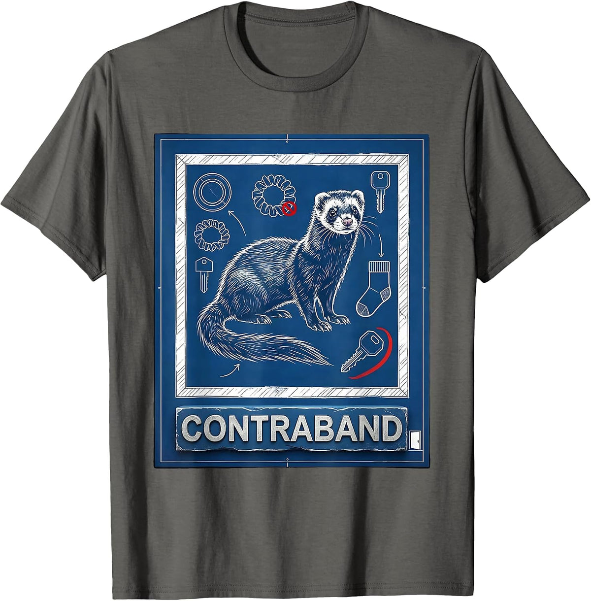 Contraband Technical Blueprint Ferret Lover Humor Gift T-Shirt - Asphalt Grey