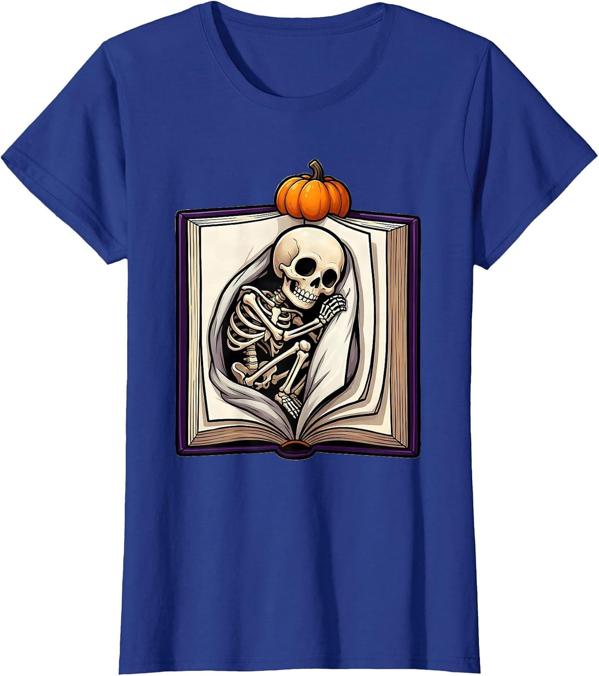 Women's Cheerful Skeleton Bookworm Cartoon Reader Halloween T-Shirt - Royal Blue