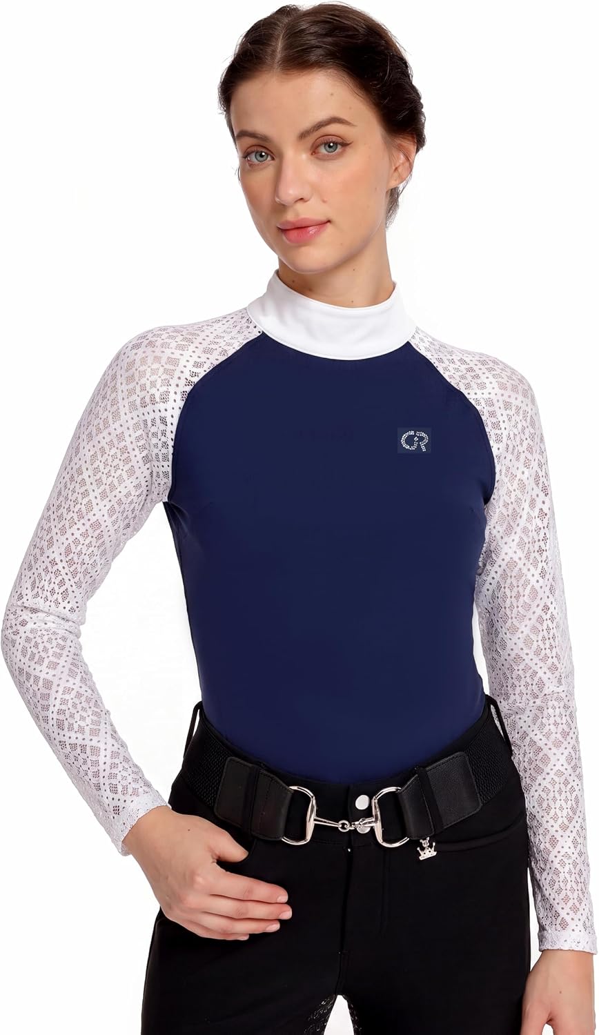 Long Sleeve Horse Riding Top, Women's Equestrian Show Shirt - Navy