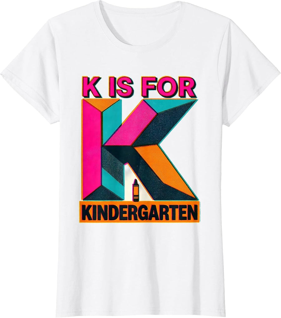 Women's K Is For Kindergarten Teacher Risograph Back To School T-Shirt - White