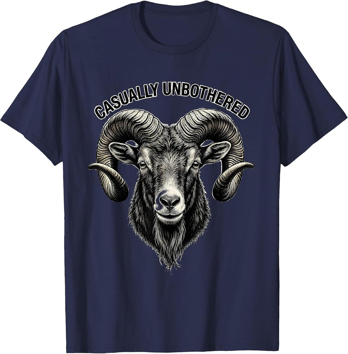 Casually Unbothered Blackwork Dotwork Goat Head Novelty T-Shirt - Navy Blue