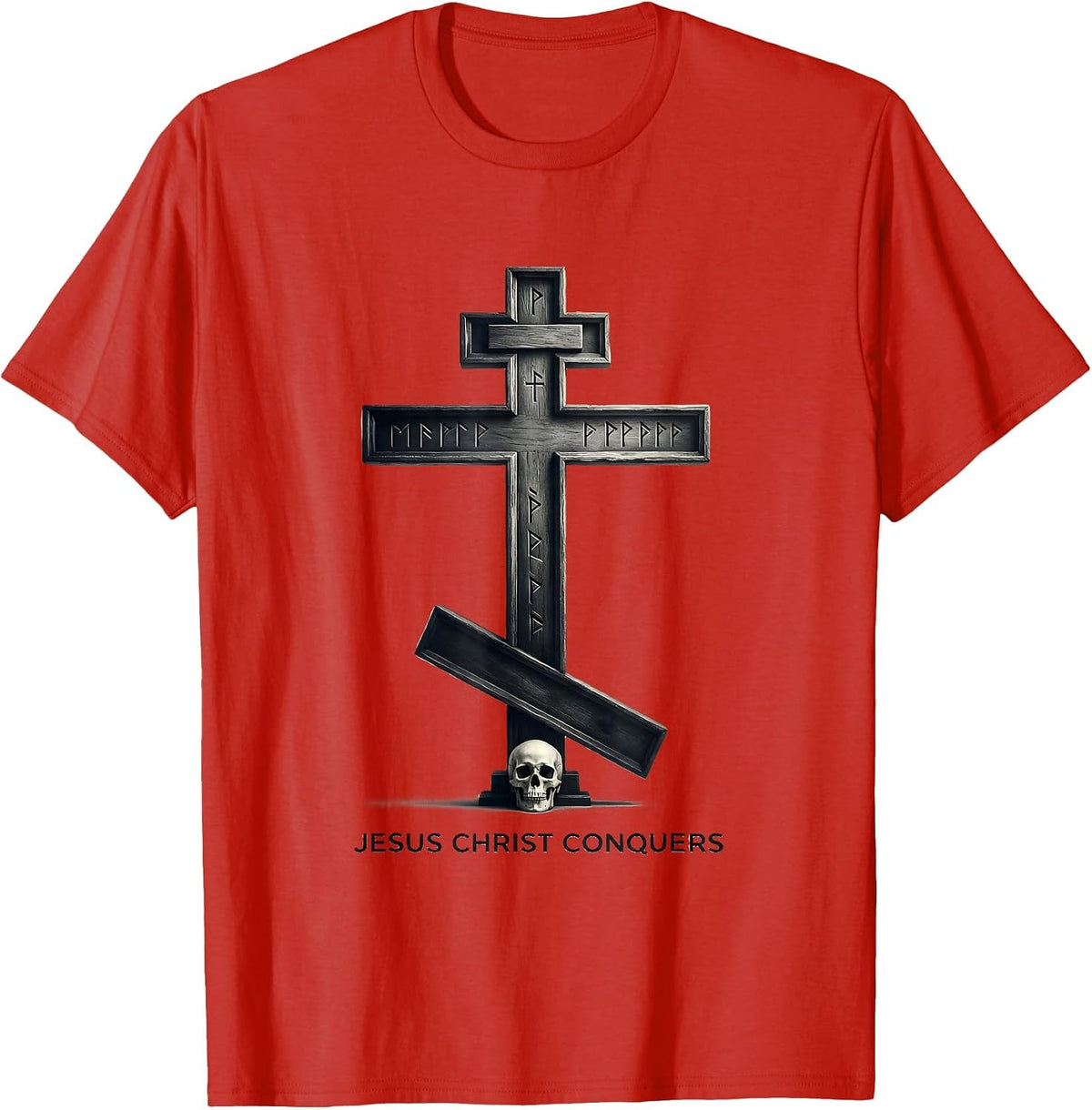 Men's Jesus Christ Conquers Monochromatic Orthodox Cross Russian T-Shirt - Red