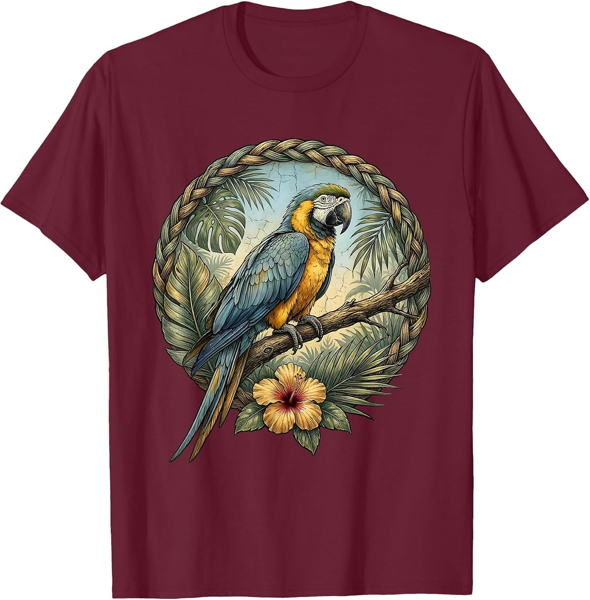 Men's Dominican Republic Blue-Winged Parrot Jungle Art T-Shirt - Burgundy