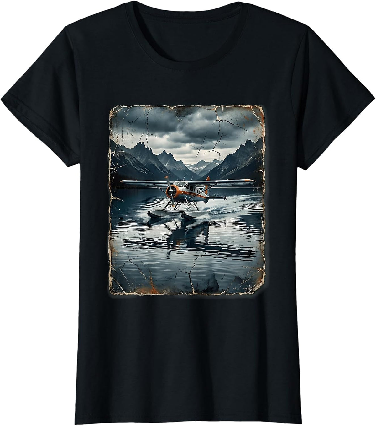 Float Plane Landing on Glacial Lake Alaska T-Shirt - Black