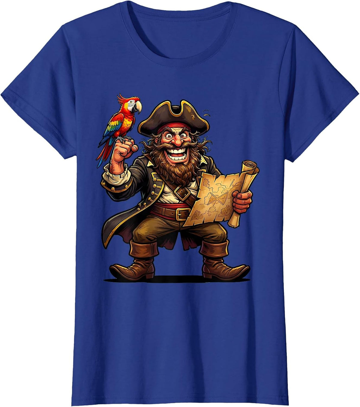 Women's Bearded Pirate Parrot and Treasure Map Graphic T-Shirt - Royal Blue