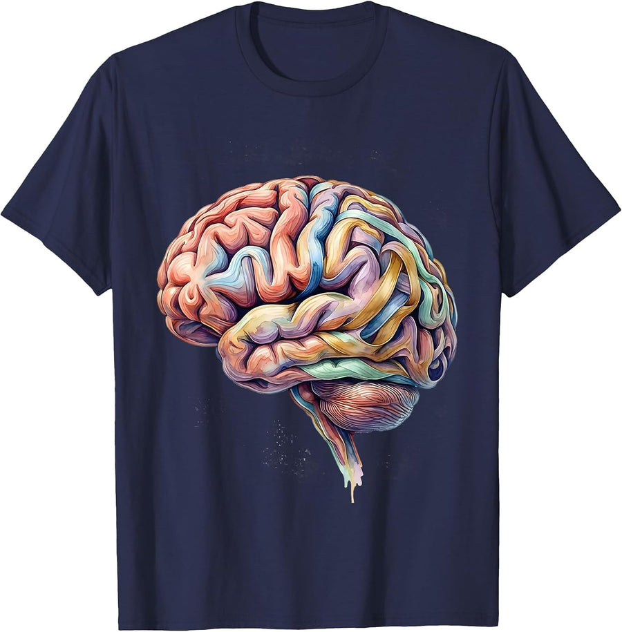 Autism Awareness Rainbow Brain Illustration T-Shirt - Navy Blue