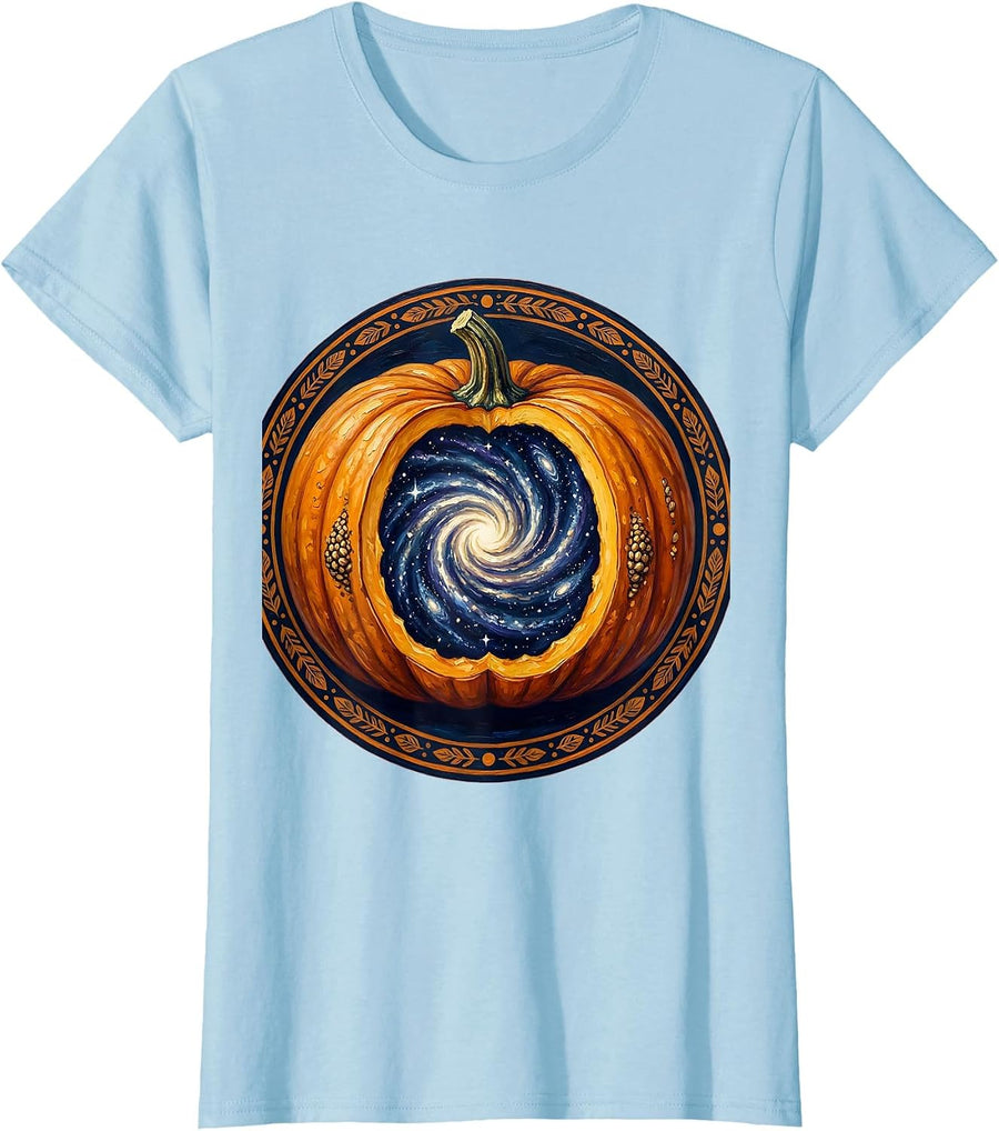 Women's Cosmic Pumpkin Galaxy Universe Halloween Design T-Shirt - Baby Blue