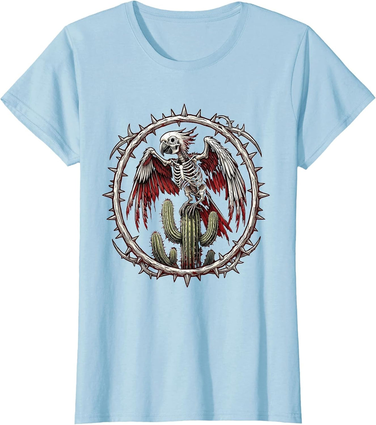 Women's Tropical Parrot on Cactus Mexico Nature Art T-Shirt - Baby Blue