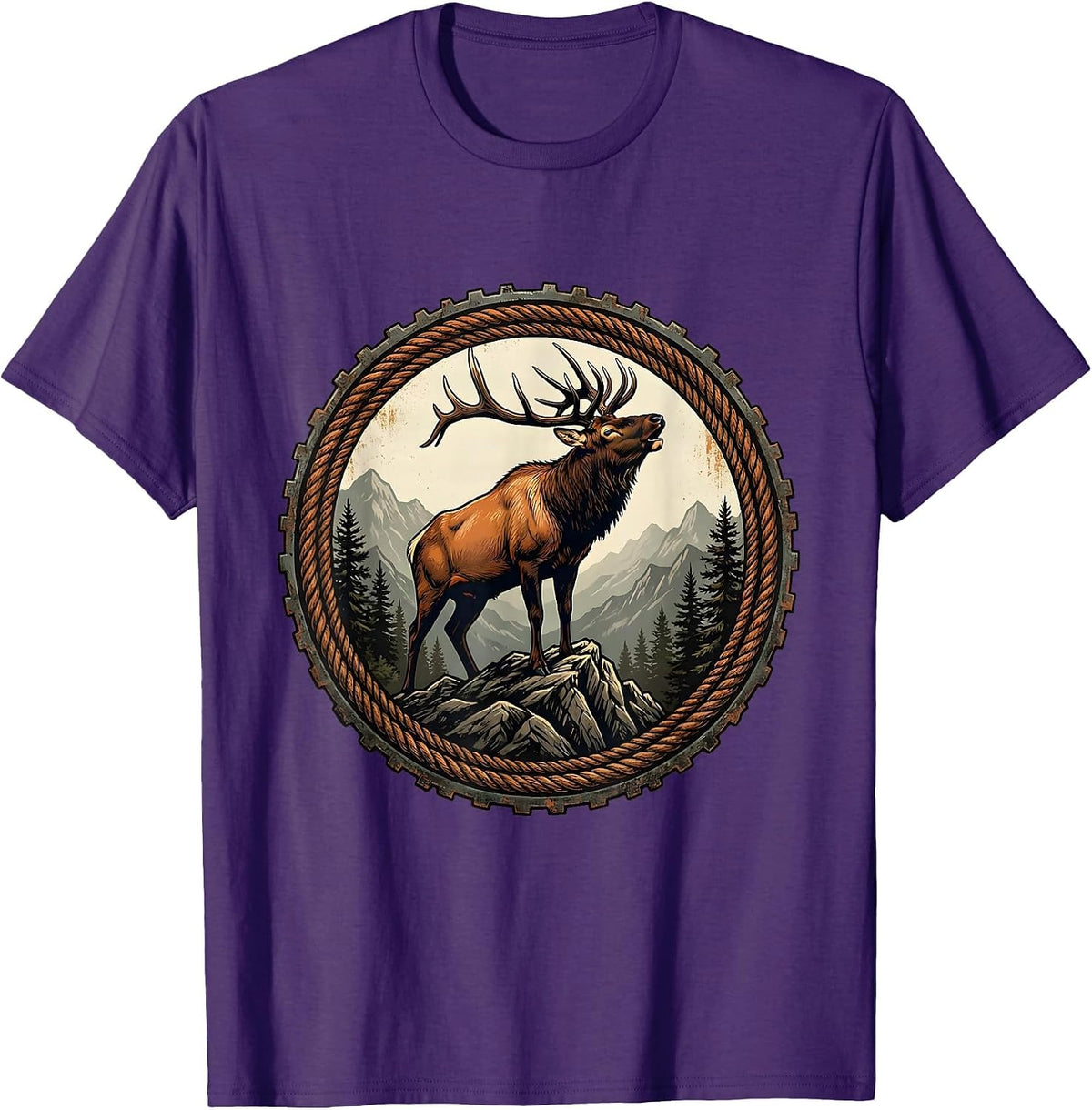 Elk Bugling on Rocky Mountain Ridge Design T-Shirt - Purple