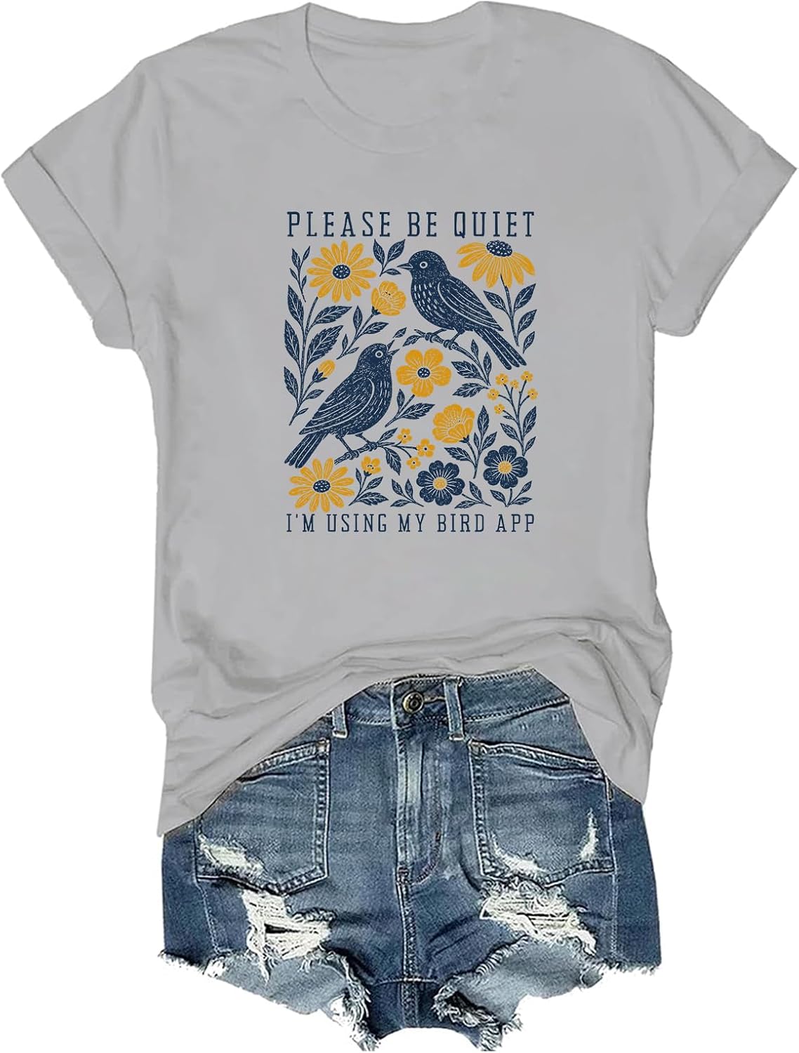 Please Be Quiet I'm Using My Bird App T-Shirt Bird Nerd Shirt Crew V Neck - Grey