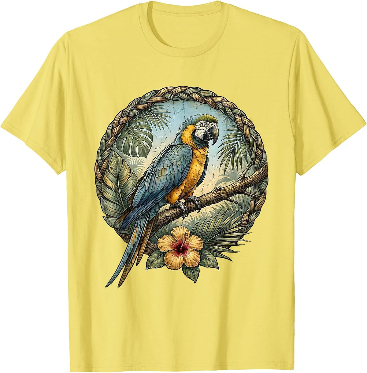 Men's Dominican Republic Blue-Winged Parrot Jungle Art T-Shirt - Lemon Yellow