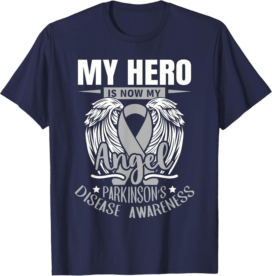 My Hero is Now My Angel Grey Parkinson's Disease Awareness T-Shirt - Navy Blue