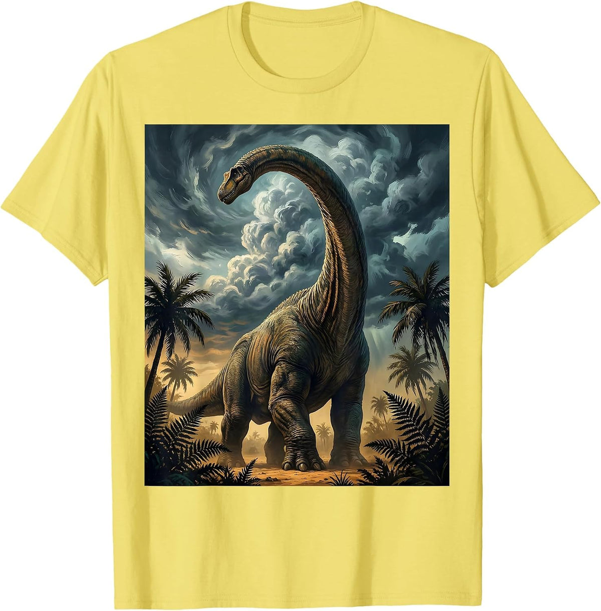 Men's Brachiosaurus Storm Clouds Dinosaur Illustration T-Shirt - Lemon Yellow