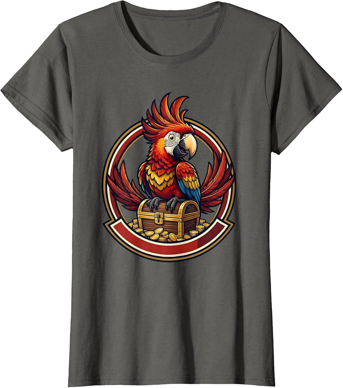 Women's Pirate Parrot on Treasure Chest Graphic Tee T-Shirt - Asphalt Grey