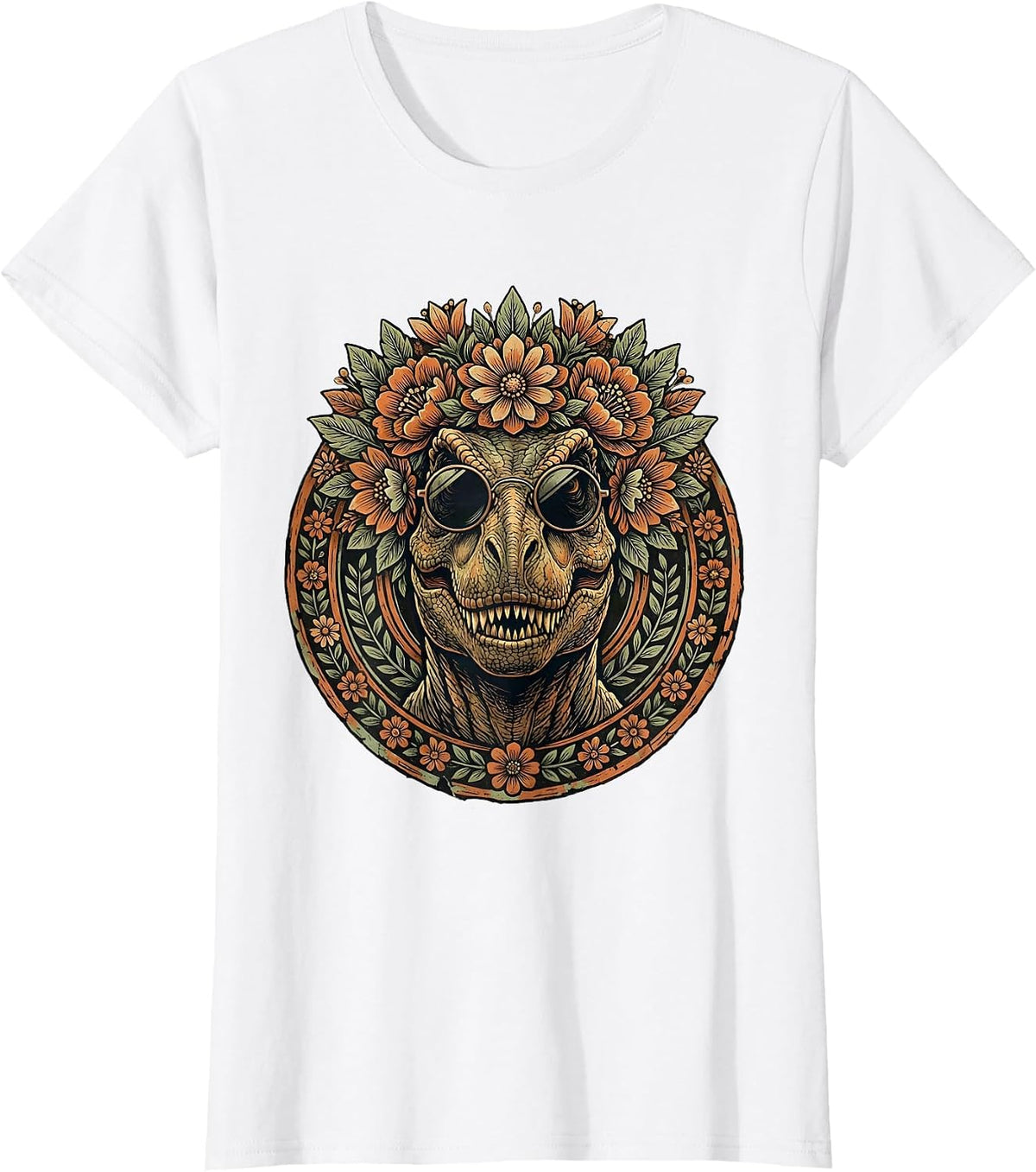 Floral Crown T-Rex Sunglasses Dinosaur Design T-Shirt - White