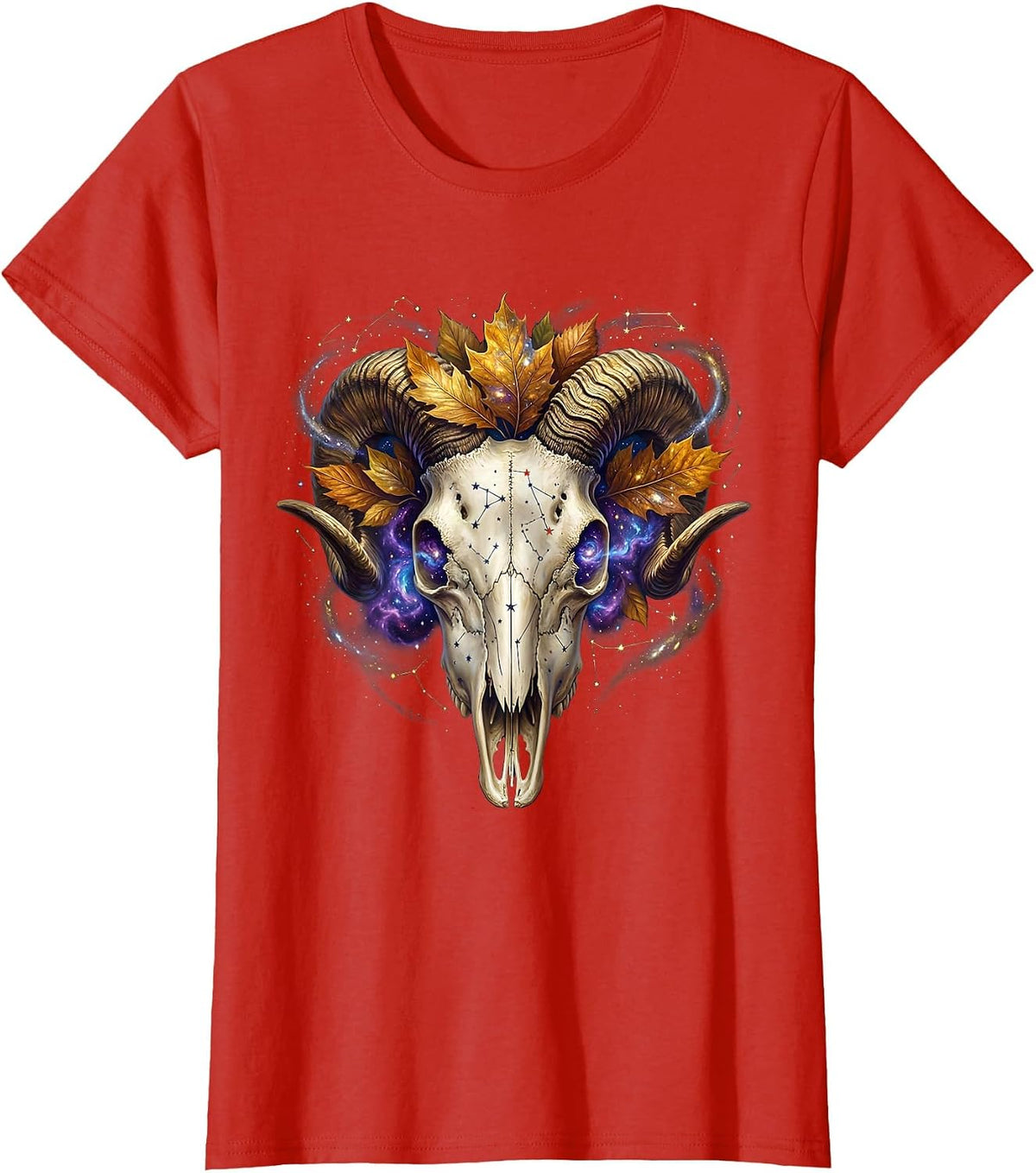 Capricorn Goat Skull Autumn Leaves Zodiac T-Shirt - Red
