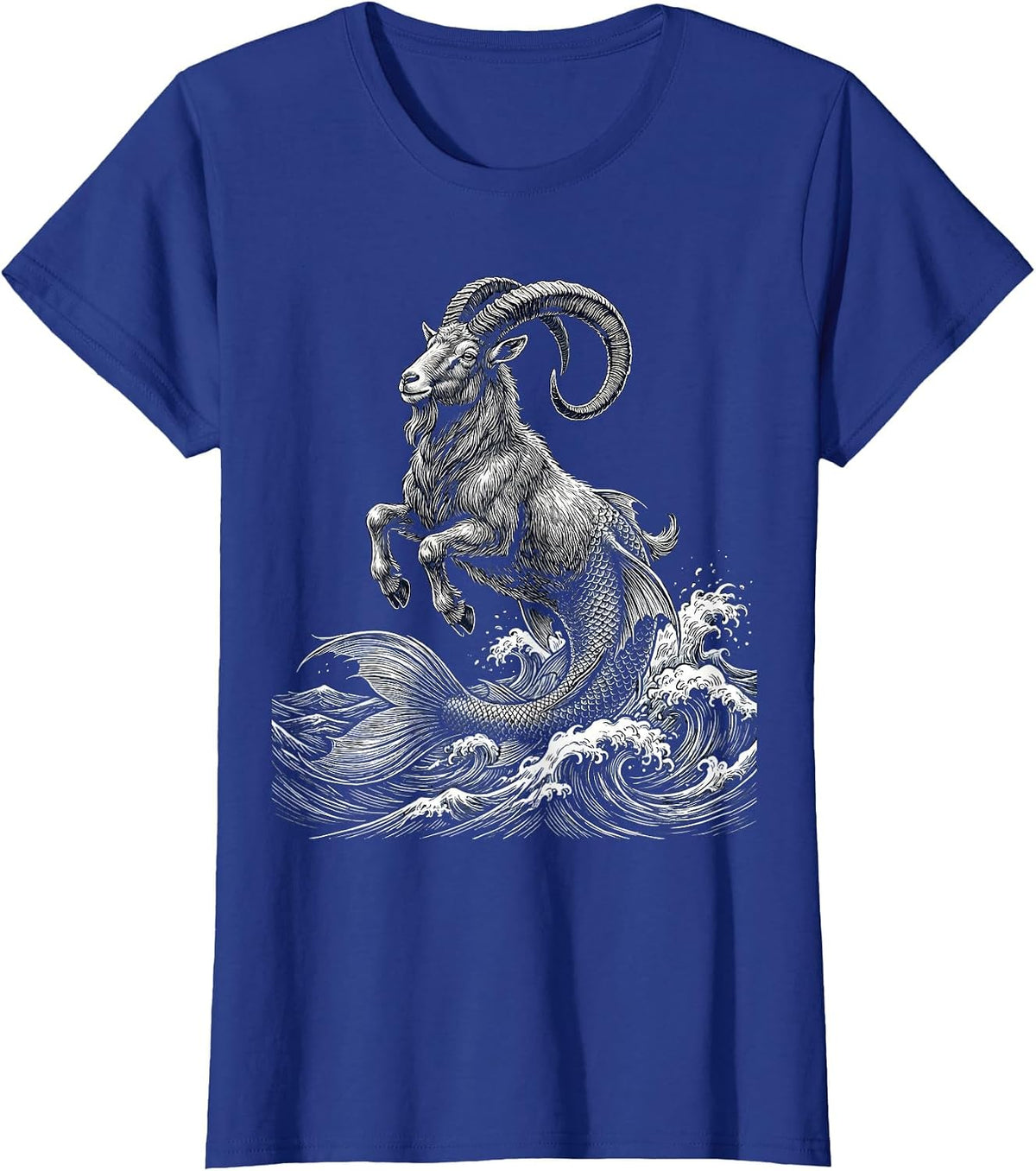 Women's Capricorn Sea-Goat Leaping Ocean Waves Zodiac T-Shirt - Royal Blue
