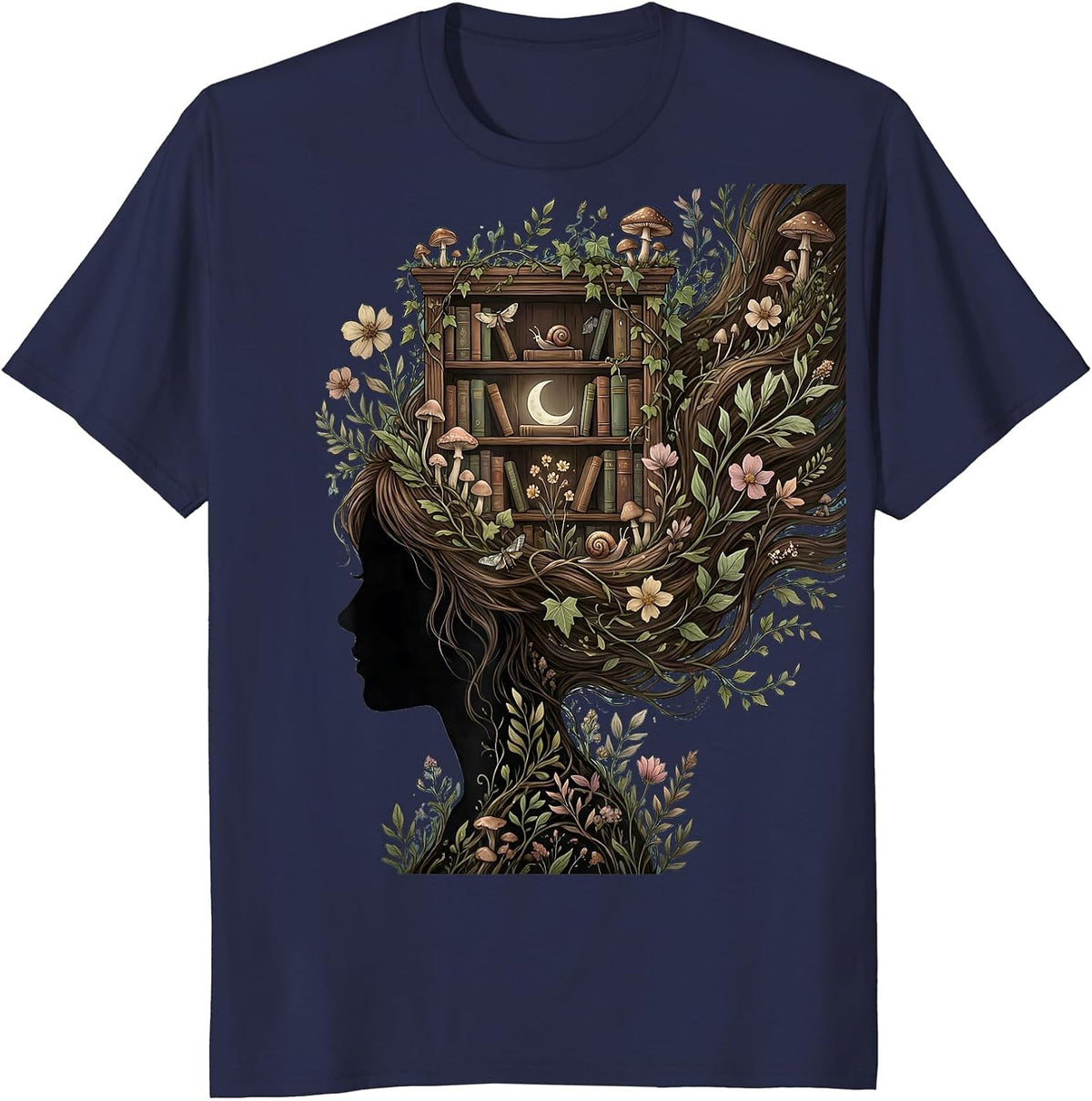 Book Lover Mind Bookshelf Reader Illustration T-Shirt - Navy Blue