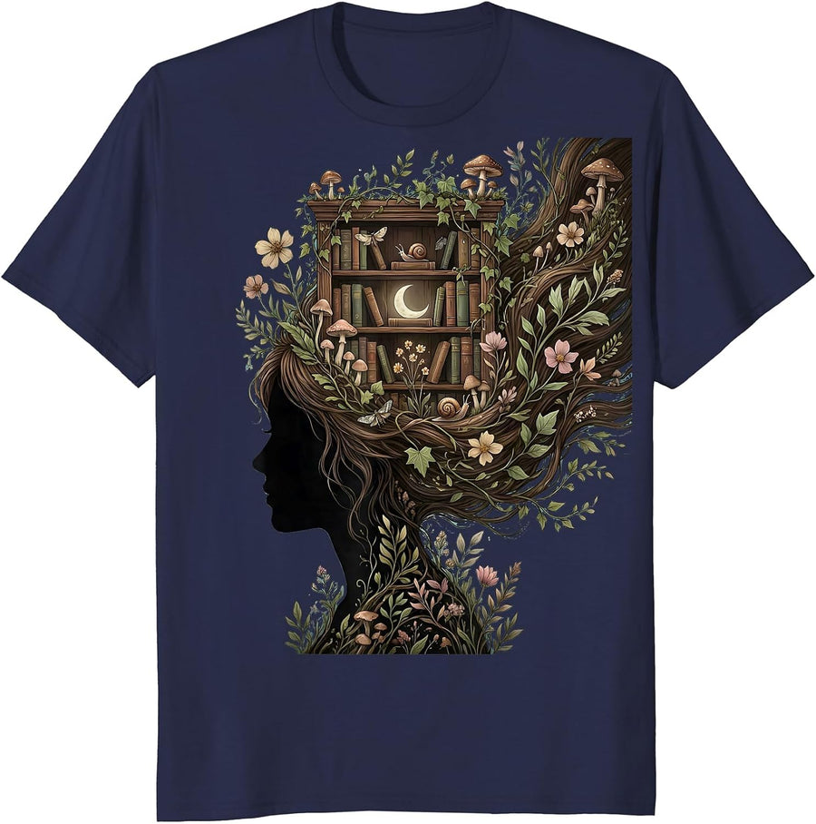 Book Lover Mind Bookshelf Reader Illustration T-Shirt - Navy Blue