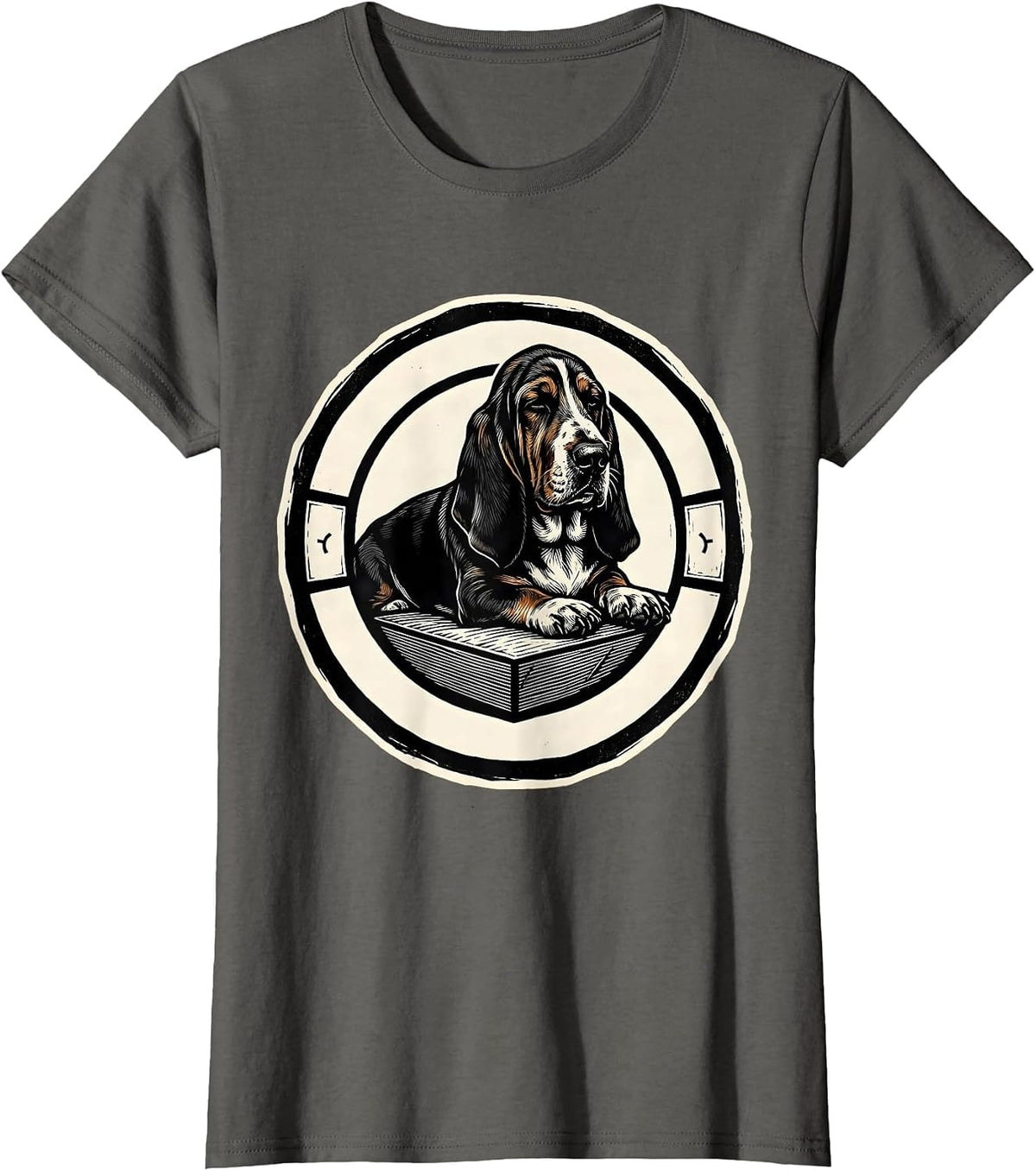 Women's Sleeping Basset Hound Linocut Animal Lover Pajama Humor T-Shirt - Asphalt Grey