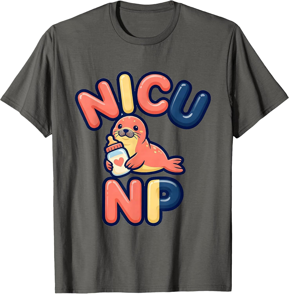 NICU NP Cute Animal Bubble-Letter Pediatric Nurse T-Shirt - Asphalt Grey