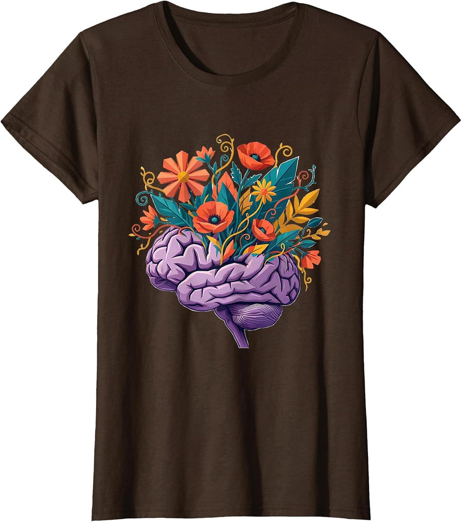 Women's Autism Awareness Brain Blooming Wildflowers Art T-Shirt - Brown