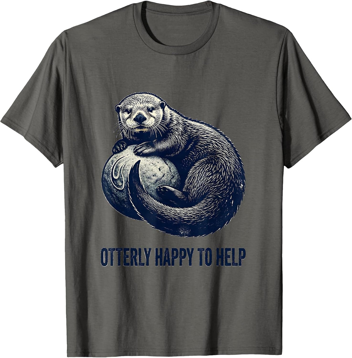 Otterly Happy To Help Rubber Stamp Cute Otter Lover Humor T-Shirt - Asphalt Grey
