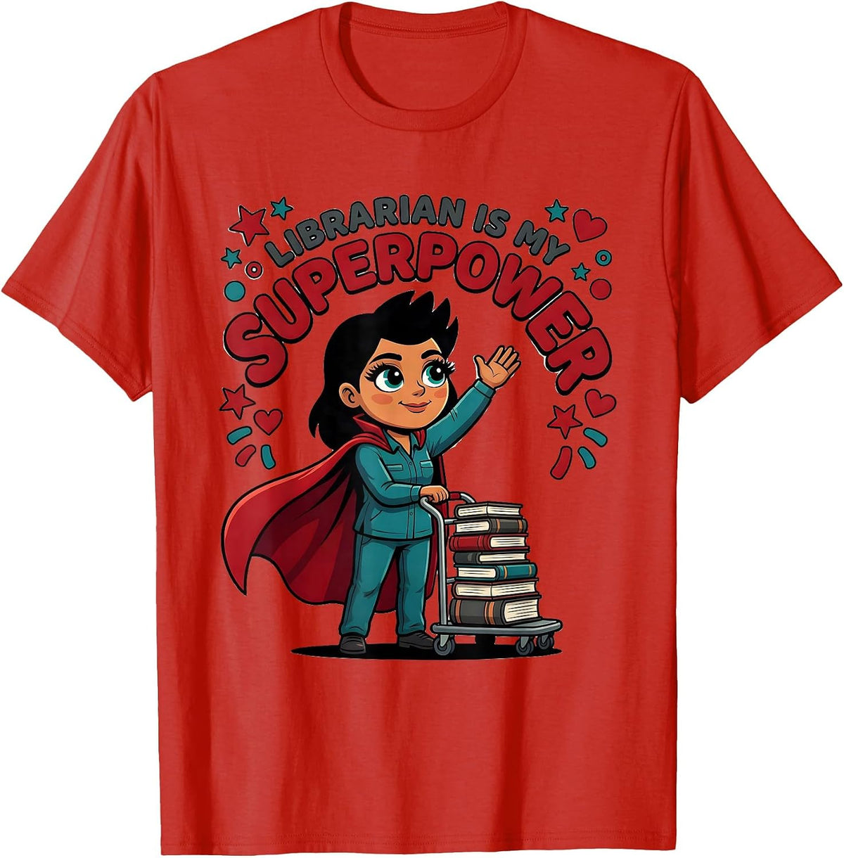 Men's LIBRARIAN IS MY SUPERPOWER Cartoon Librarian Back To School T-Shirt - Red