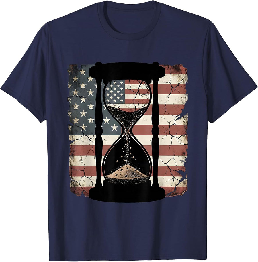 Hourglass With Falling Stars Cosmic Art Design T-Shirt - Navy Blue