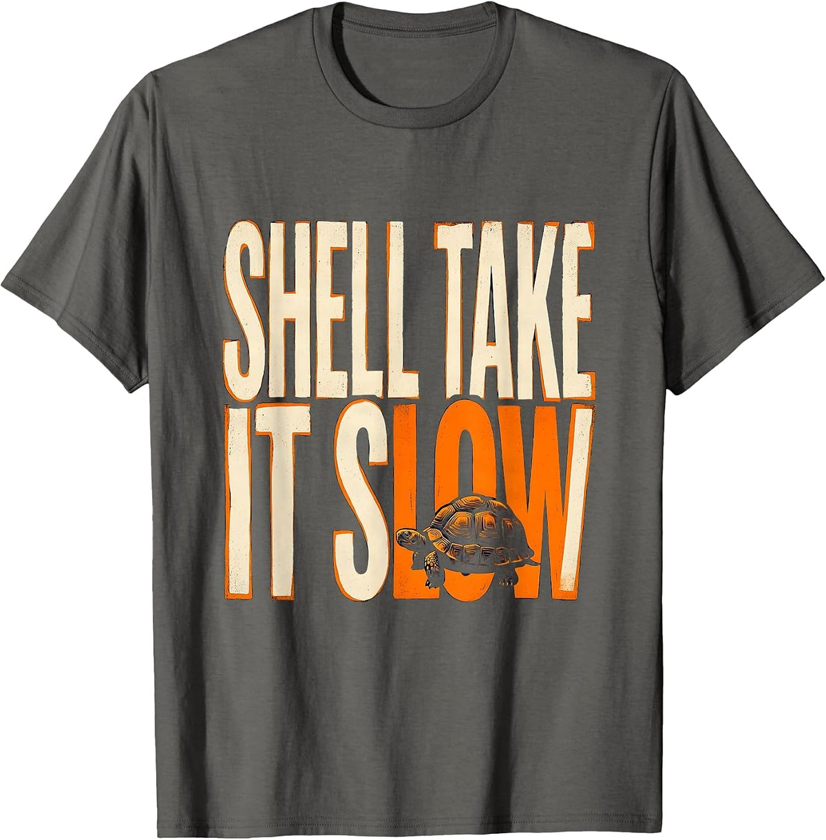 Men's Shell Take It Slow Stencil Graphic Turtle Lover Humor T-Shirt - Asphalt Grey