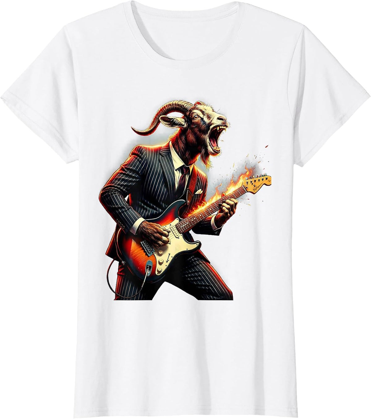 Women's Goat in a Suit Shredding Electric Guitar T-Shirt - White