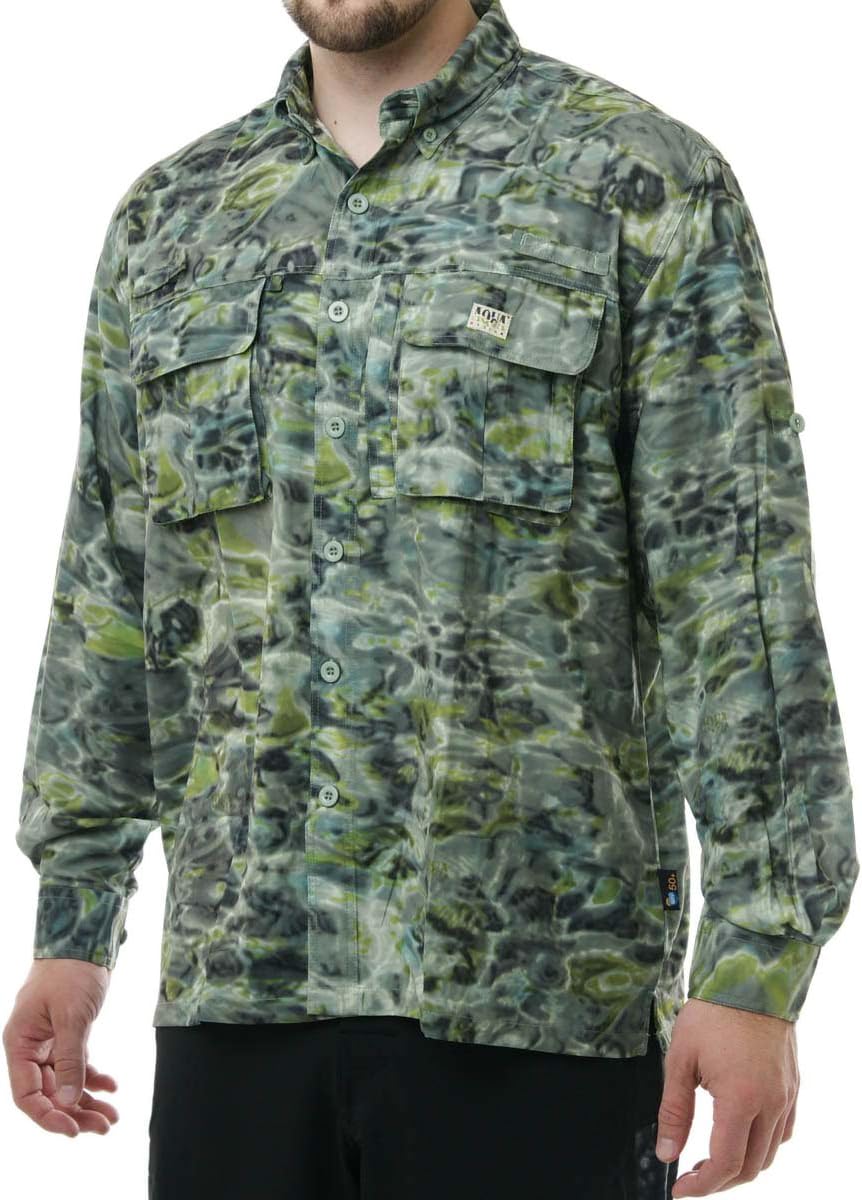 Aqua Design Long Sleeve Fly Fishing Shirt - Mens Camo Saltwater Vented Shirts - Green Bayou