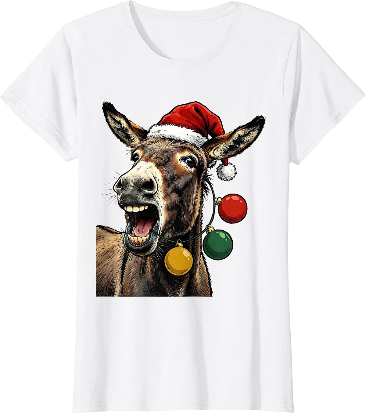Women's Donkey Santa Hat Whimsical Farm Animal Christmas Novelty T-Shirt - White
