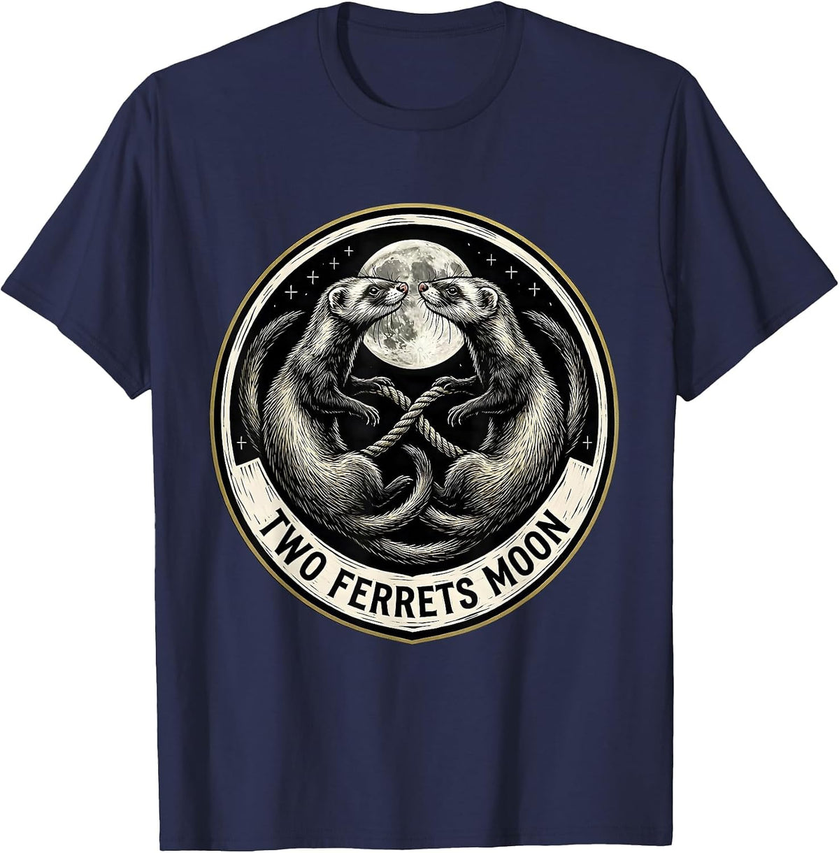 Two Ferrets Moon Woodcut Engraving Funny Ferret Lover Gift T-Shirt - Navy Blue