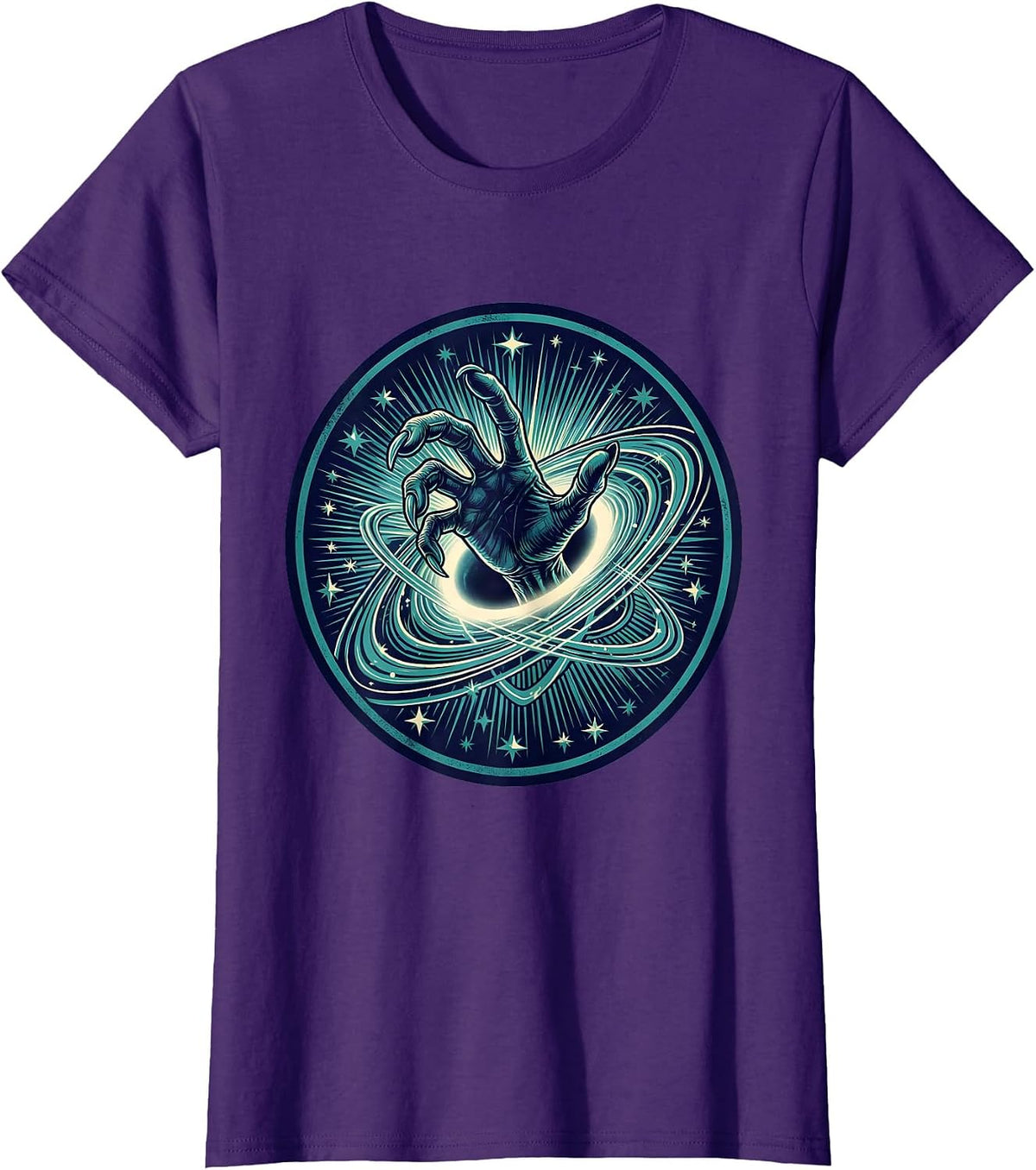 Women's Alien Hand Reaching Through Starry Portal T-Shirt - Purple