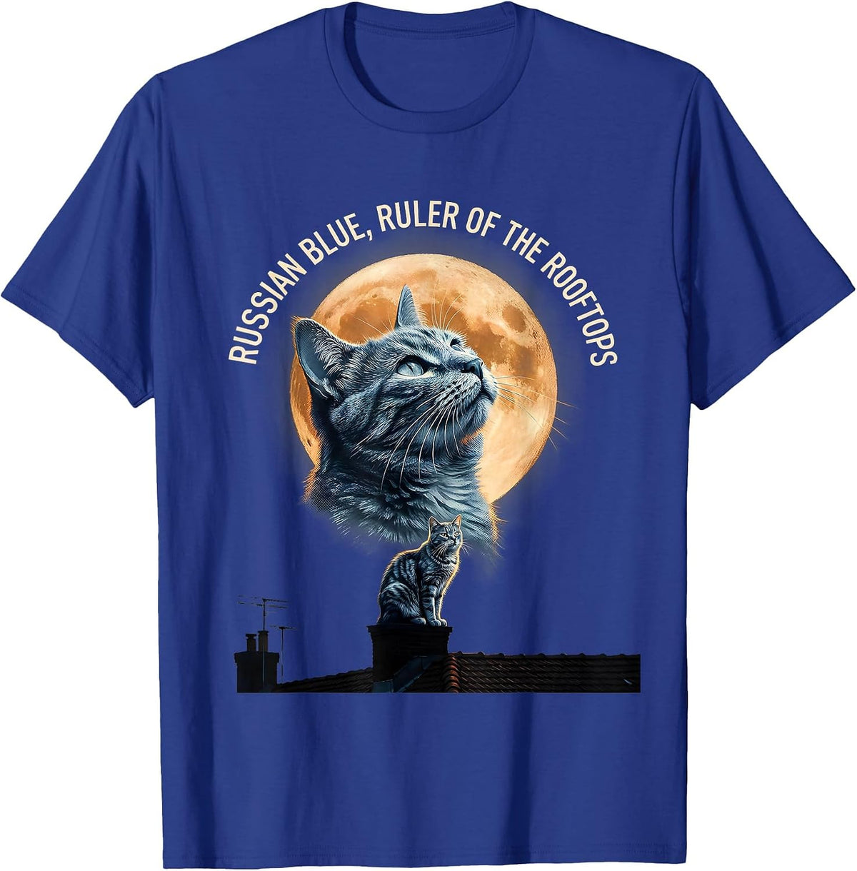 Russian Blue Ruler of the Rooftops 90s Retro Cat Art T-Shirt - Royal Blue