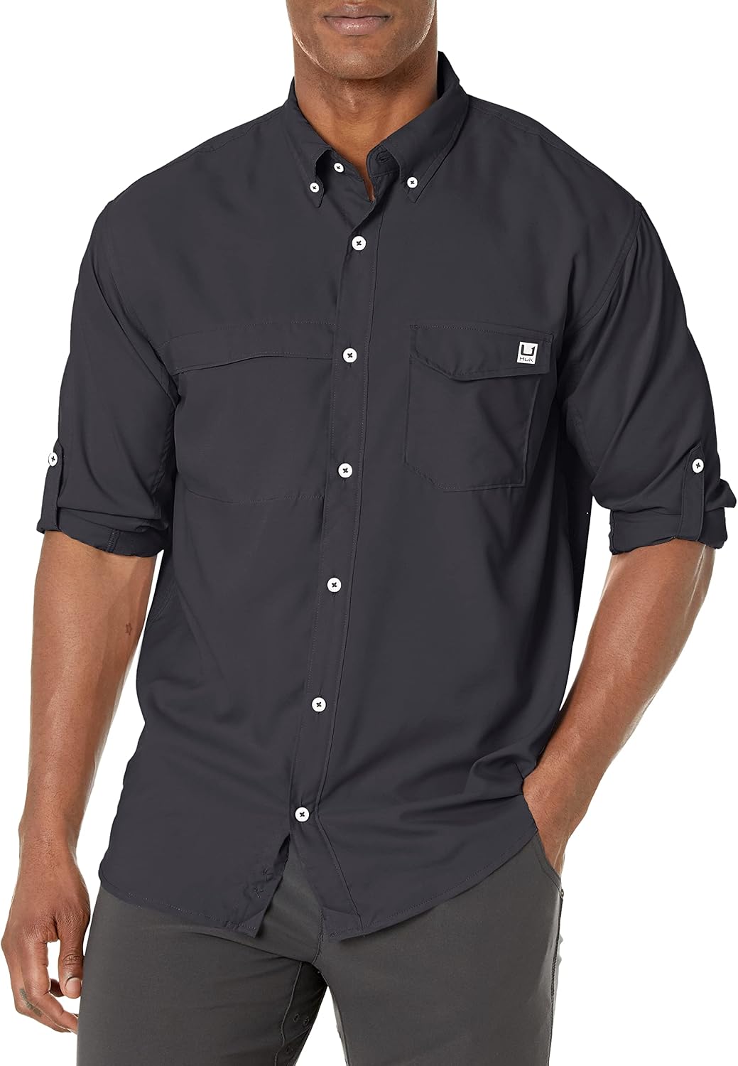 HUK Mens Tide Point Long Sleeve Shirt | Performance Button Down - Black - New Logo
