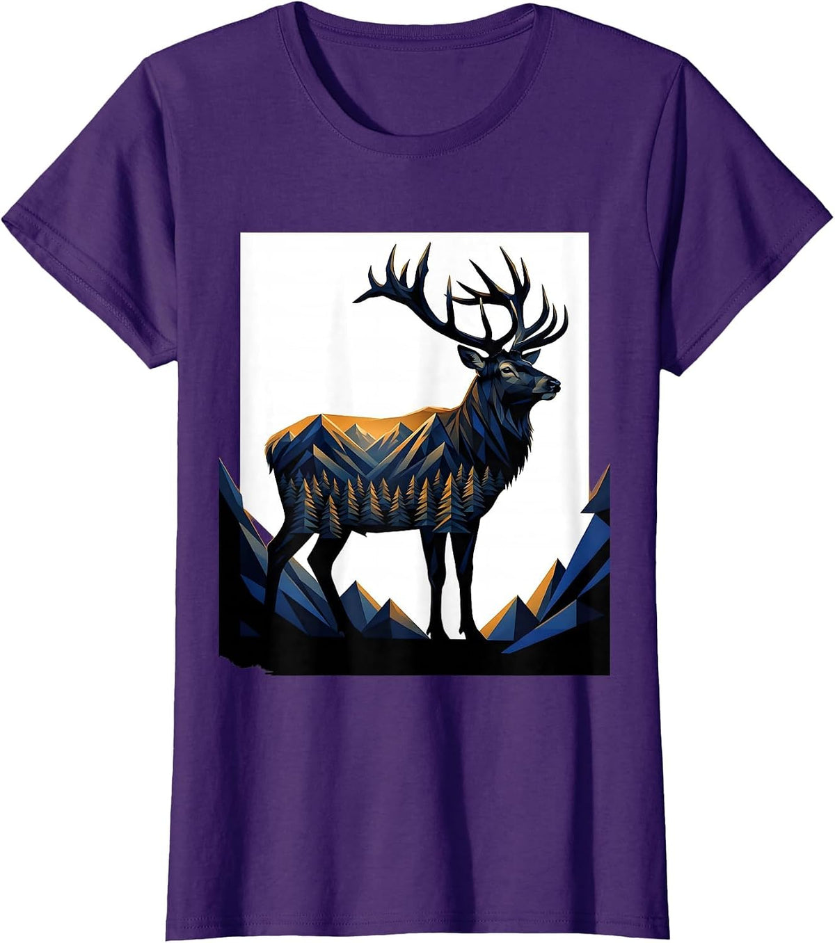 Women's Elk Profile Geometric Mountain Hunting Outdoor Enthusiast T-Shirt - Purple