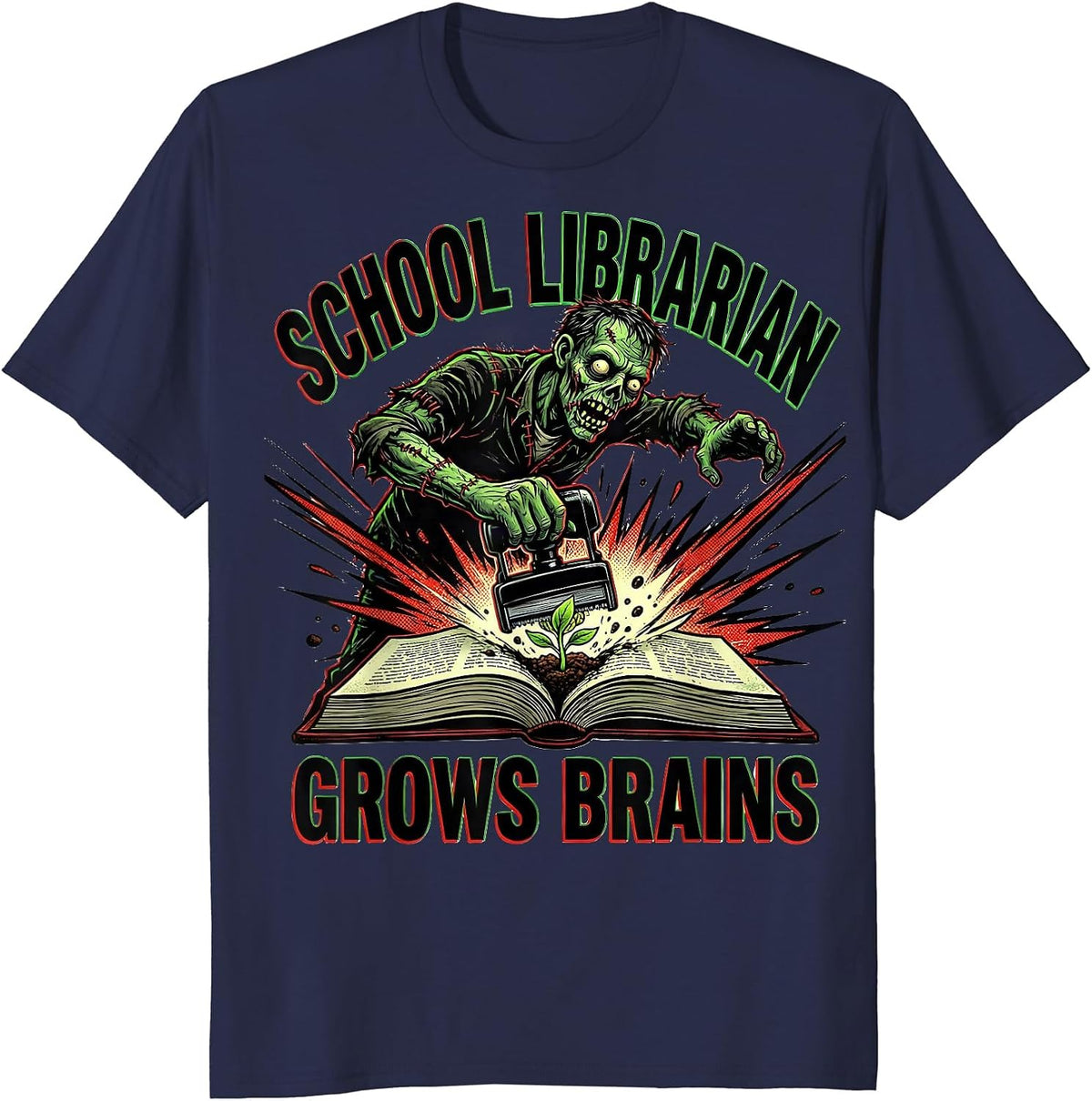 Men's School Librarian Grows Brains Comic Book Zombie Teacher T-Shirt - Navy Blue