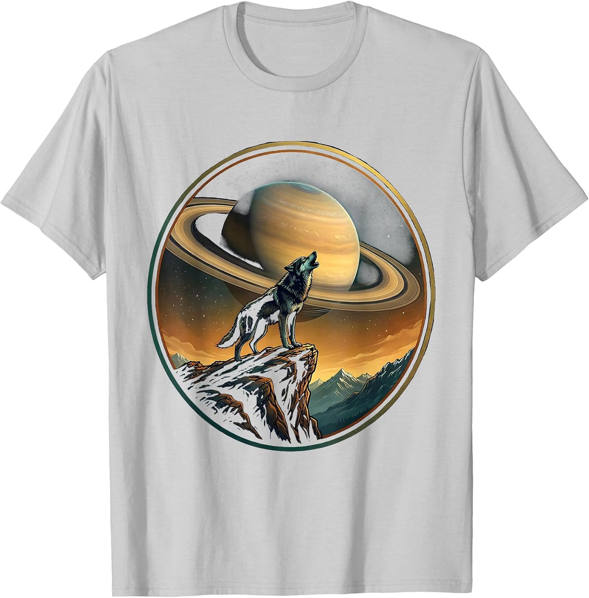Men's Wolf Howling at Ringed Planet Space Illustration T-Shirt - Silver Grey
