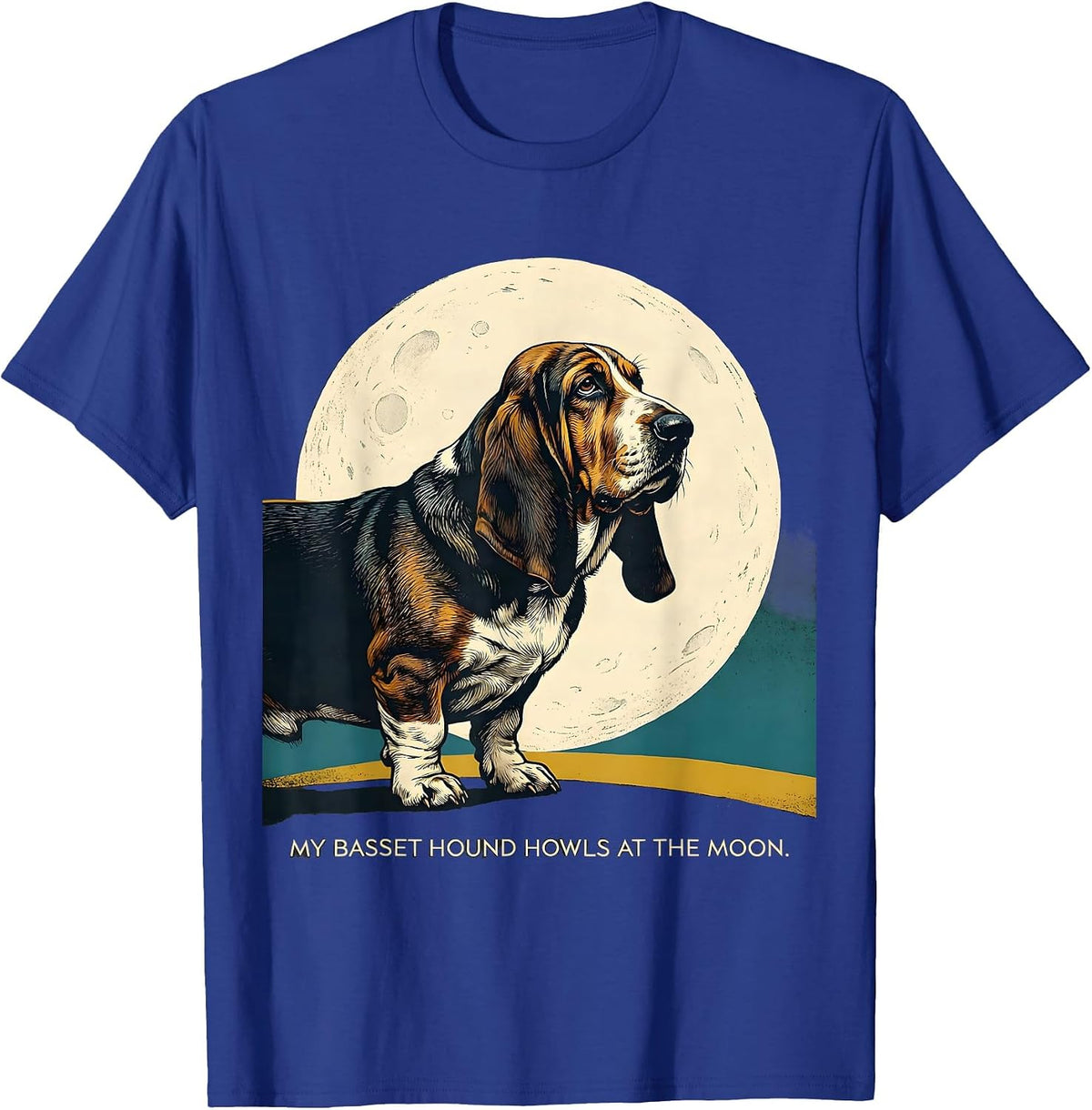 My Basset Hound Howls at the Moon Midcentury Modern Dog T-Shirt - Royal Blue