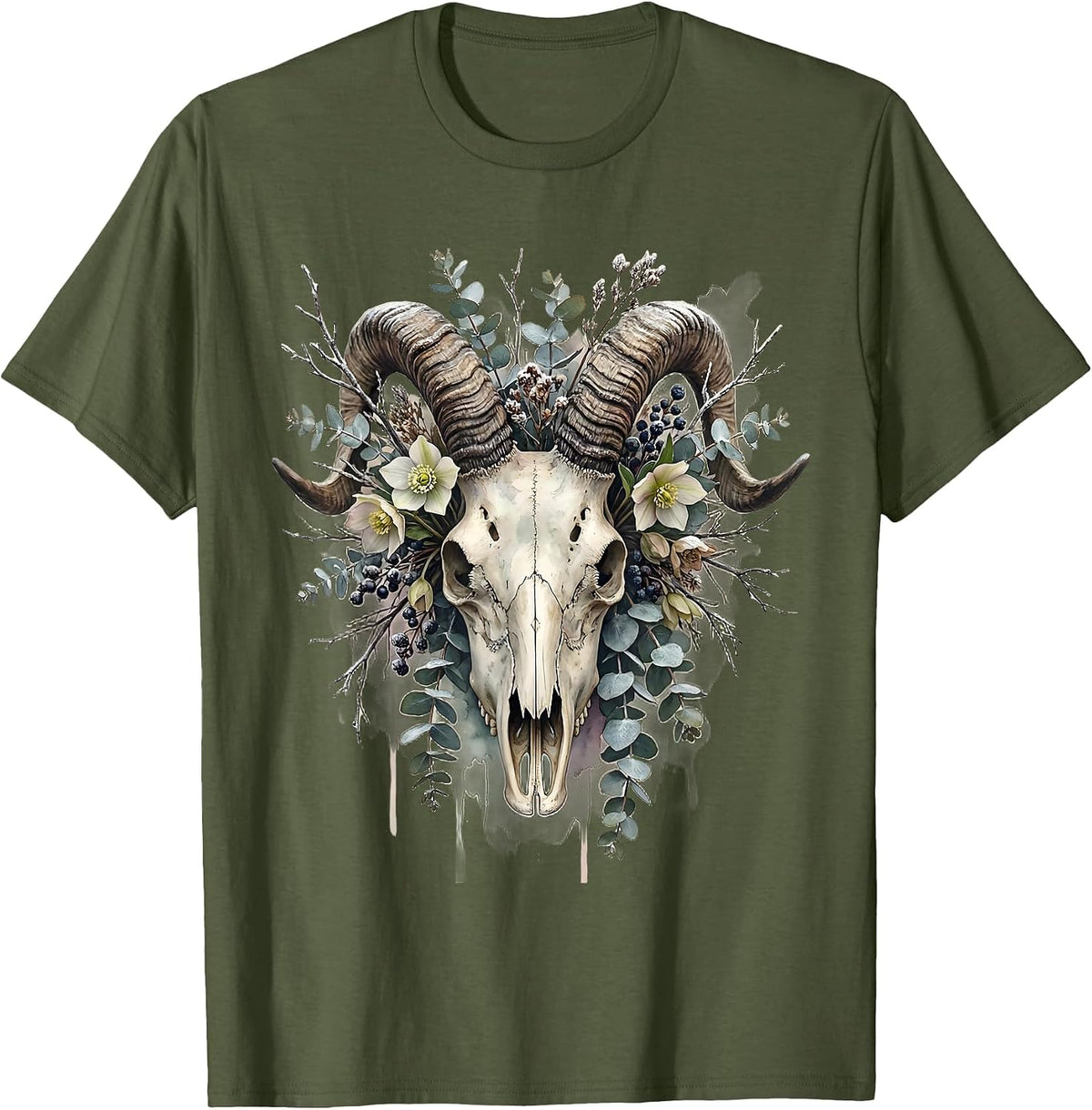 Men's Capricorn Crowned Goat Skull Winter Floral Zodiac T-Shirt - Olive Green