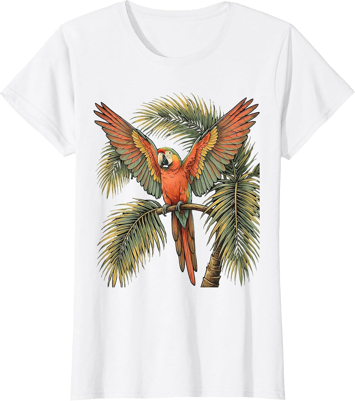 Women's Tropical Parrot Rainbow Feathers Palm Branch T-Shirt - White