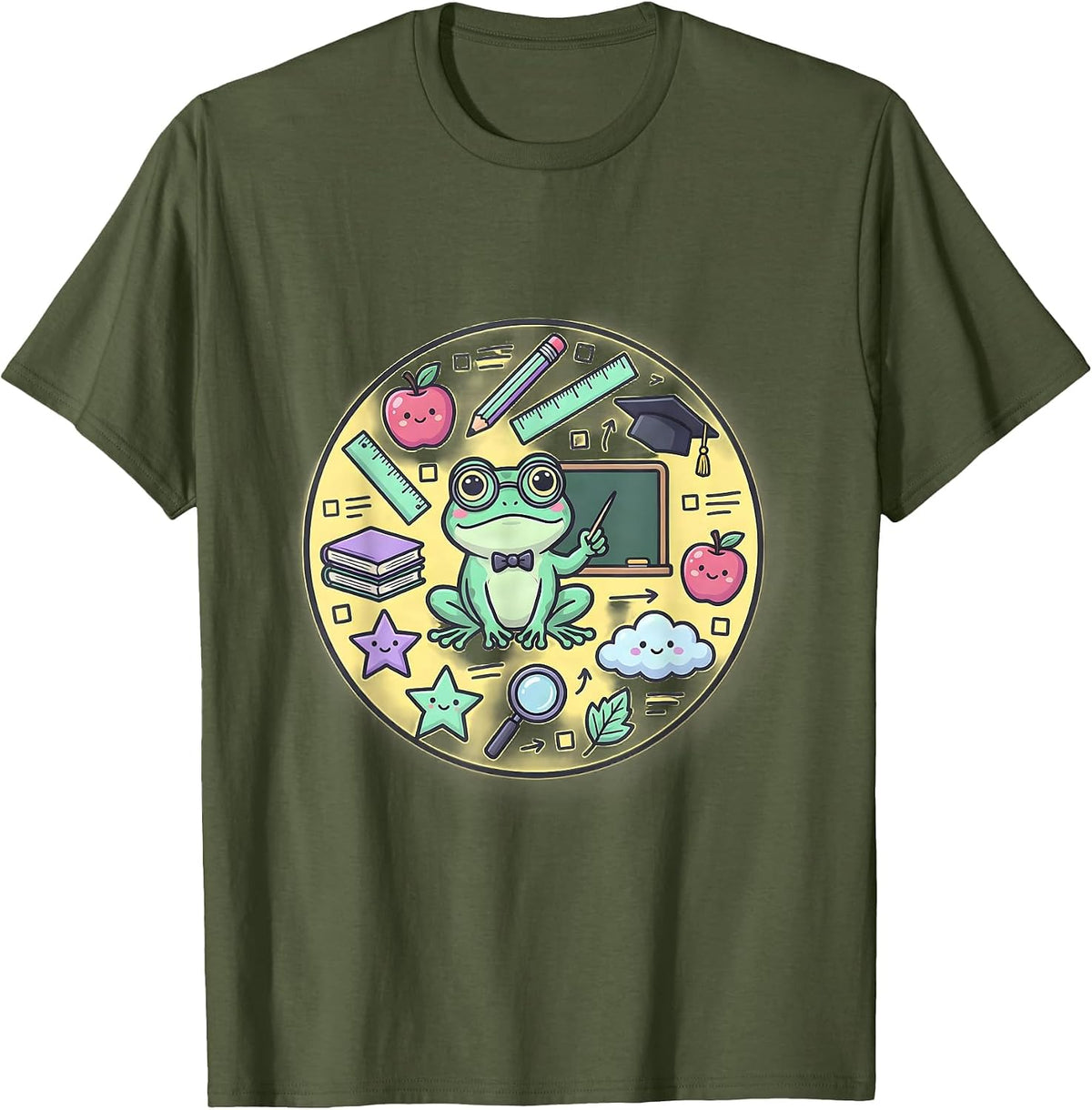 Frog Professor Chalkboard College Kids Graphic T-Shirt - Olive Green